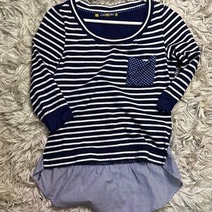 Anthropologie Little Yellow Button Navy and White Striped women’s Long Sleeve